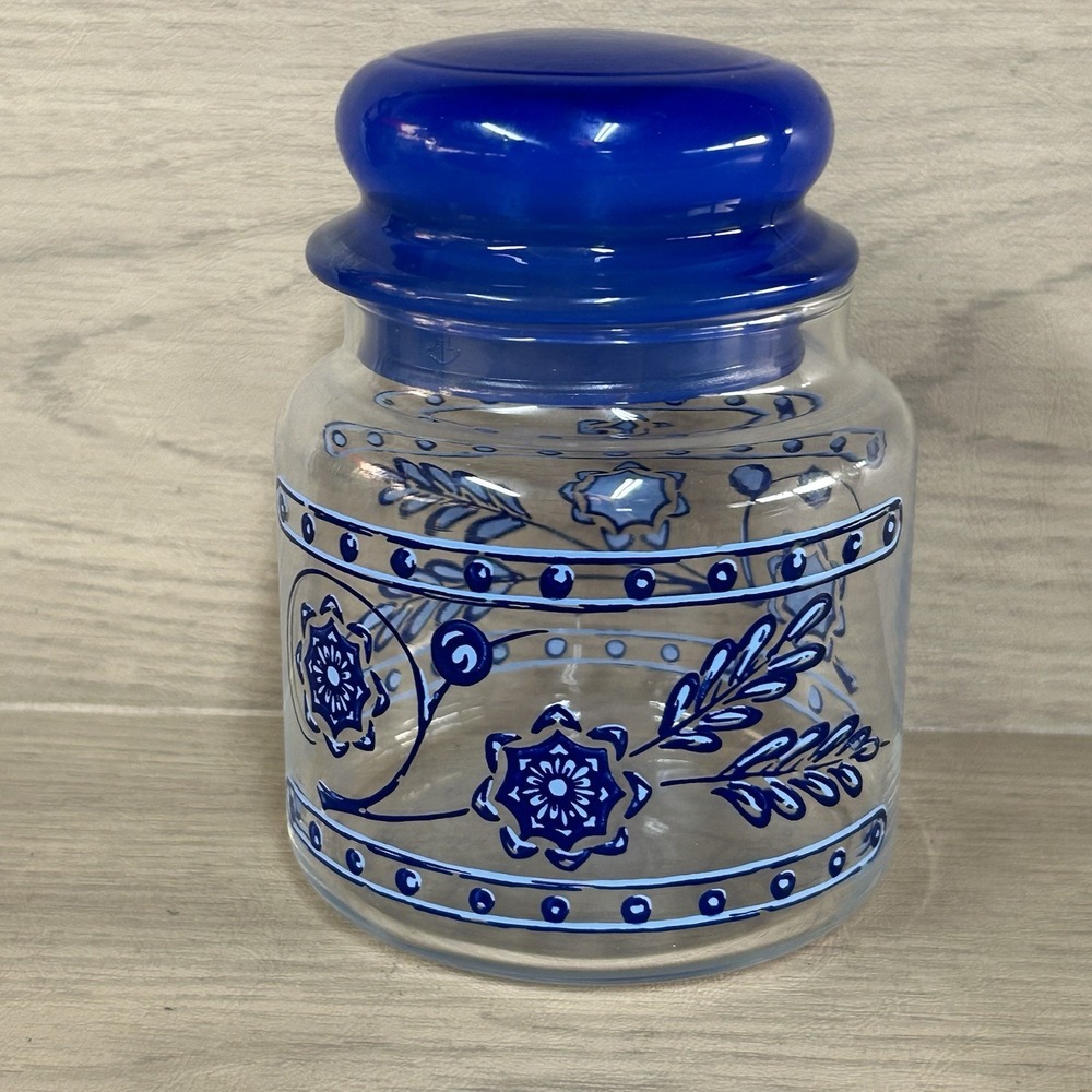 Anchor Hocking Glass Pietro Gobeo Blue Kitchen Canister Flower w Lid Small 5.5" - Picture 3 of 6